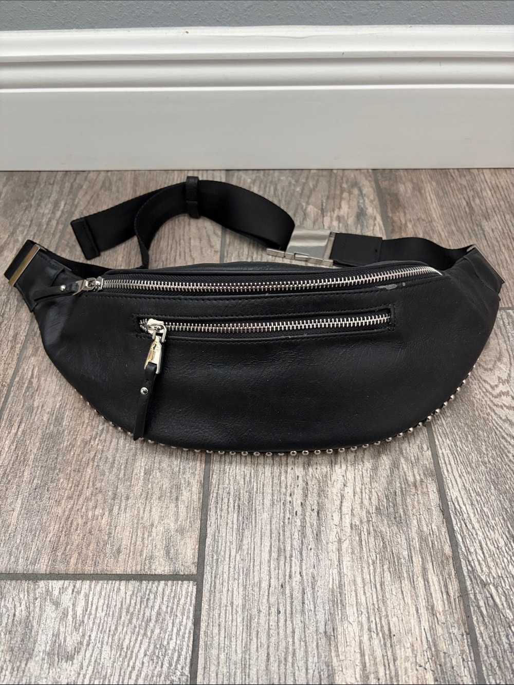 INC International Concepts Belt Bag Fanny Pack Black Faux Leather Silver Studs